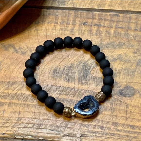Black Onyx Druzy Agate Silicone Beaded Bracelet - Picture 1 of 9
